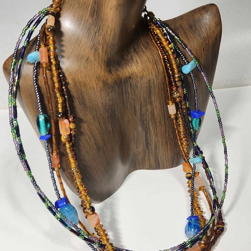 Vtg Chico's Necklace Multi Strand Glass Beads Jadeite Spinel Tourmaline Lolite